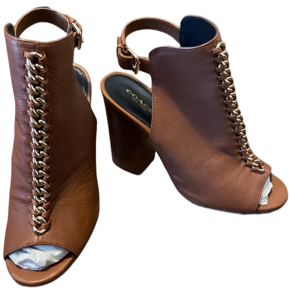 Coach Camel Leather Peep-Toe Ankle Boot with Gold Chain in size 8